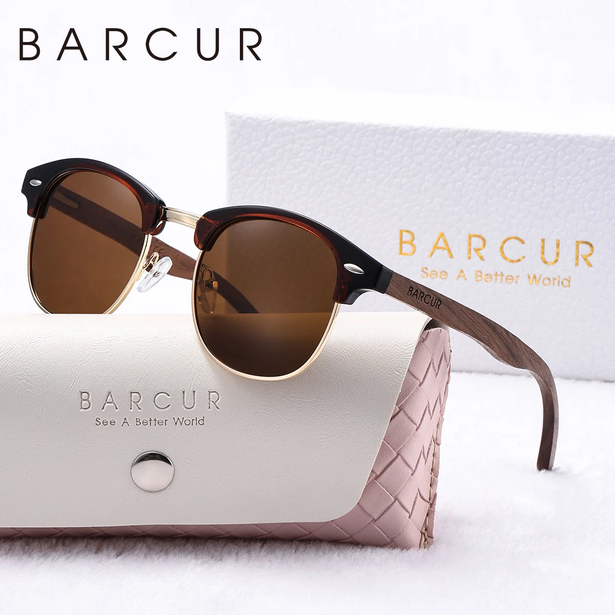BARCUR Brand Unique eyebrows Polarized Sunglasses PC+Metal Frame Rice Nail Fashion Design Natural Walnut Foot Couple Sunglasses