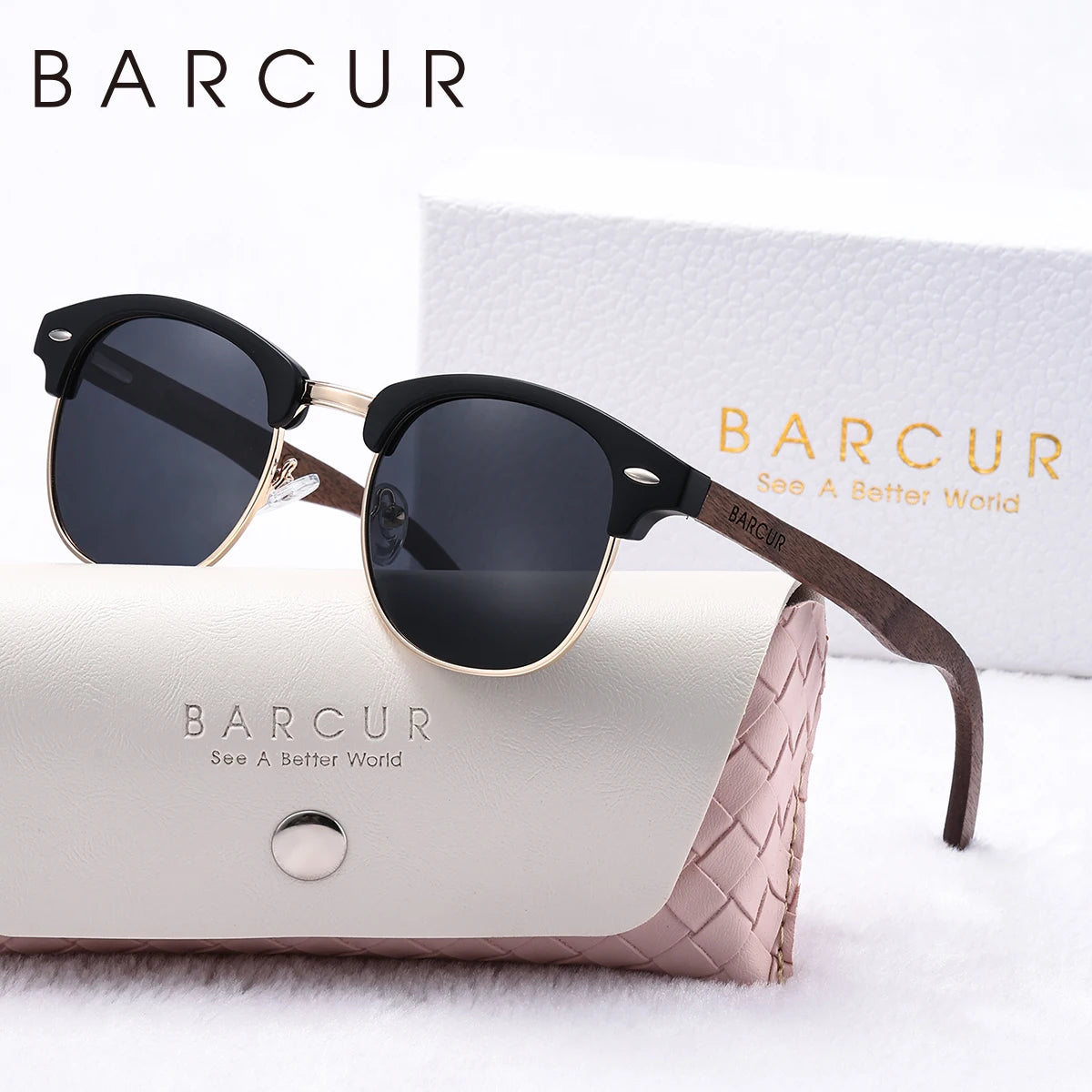 BARCUR Brand Unique eyebrows Polarized Sunglasses PC+Metal Frame Rice Nail Fashion Design Natural Walnut Foot Couple Sunglasses