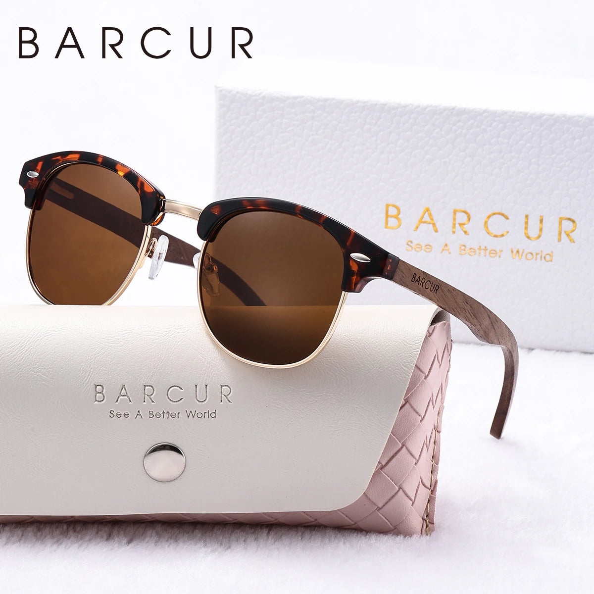 BARCUR Brand Unique eyebrows Polarized Sunglasses PC+Metal Frame Rice Nail Fashion Design Natural Walnut Foot Couple Sunglasses