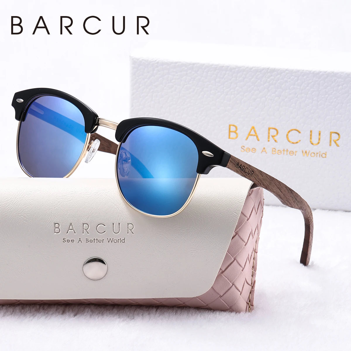 BARCUR Brand Unique eyebrows Polarized Sunglasses PC+Metal Frame Rice Nail Fashion Design Natural Walnut Foot Couple Sunglasses