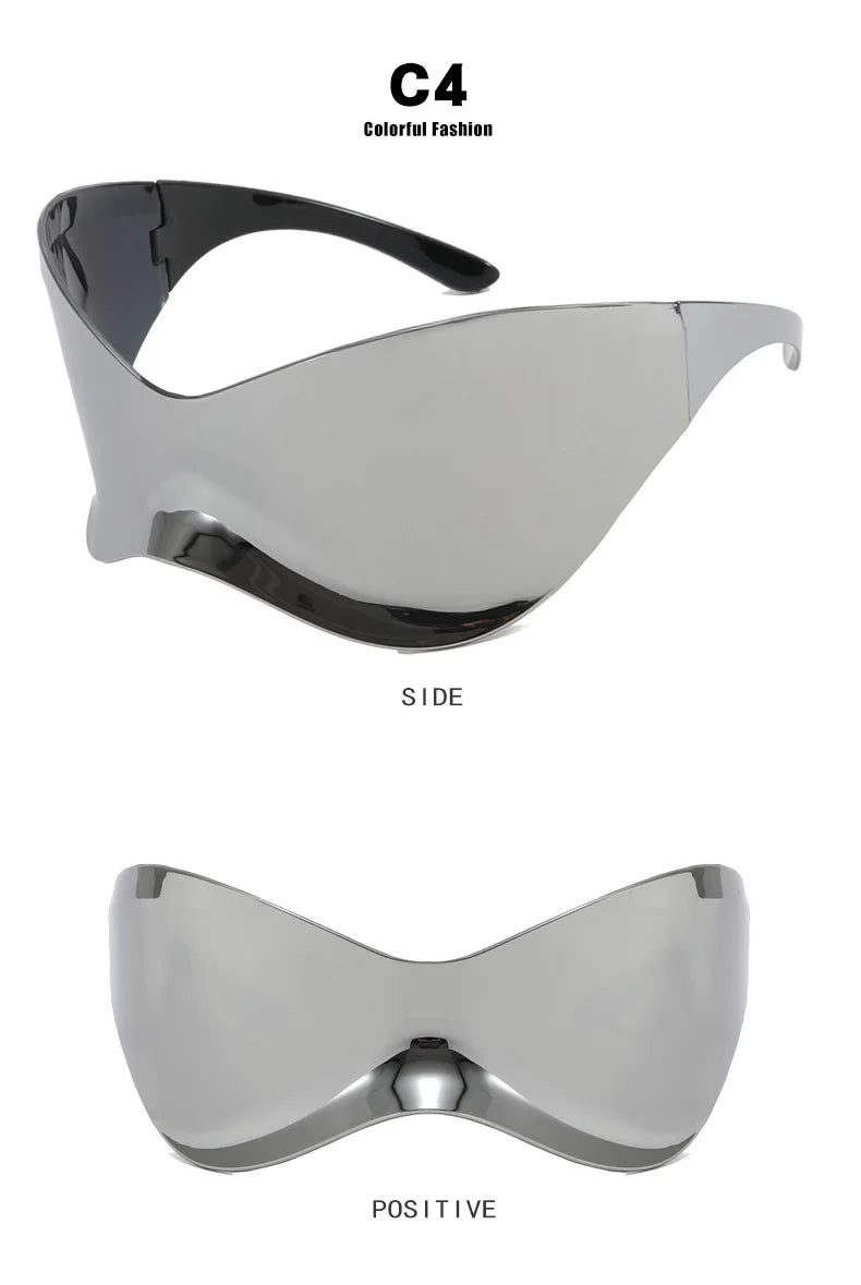 Y2K Wrap Around glasses For Women Men Futuristic Mirrored Lens Fashion Rimless Sun Shades For Cycling Beach Party