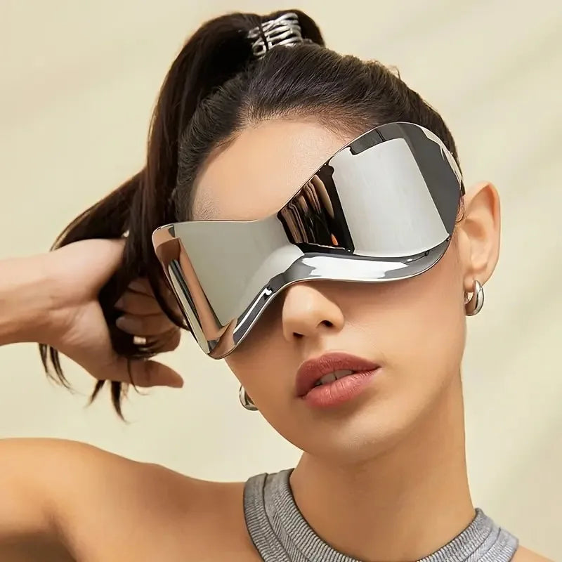 Y2K Wrap Around glasses For Women Men Futuristic Mirrored Lens Fashion Rimless Sun Shades For Cycling Beach Party