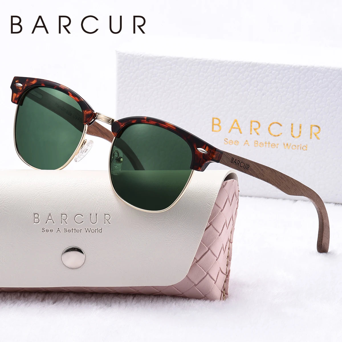 BARCUR Brand Unique eyebrows Polarized Sunglasses PC+Metal Frame Rice Nail Fashion Design Natural Walnut Foot Couple Sunglasses
