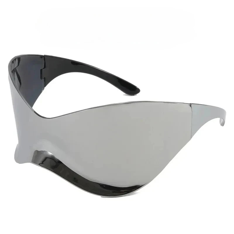 Y2K Wrap Around glasses For Women Men Futuristic Mirrored Lens Fashion Rimless Sun Shades For Cycling Beach Party