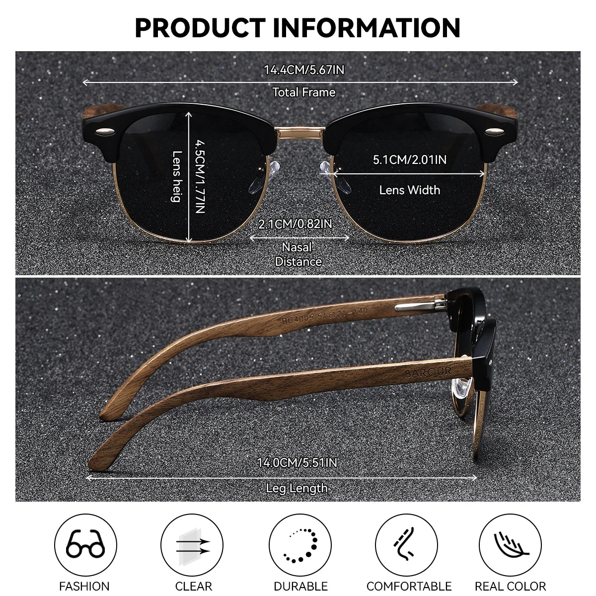 BARCUR Brand Unique eyebrows Polarized Sunglasses PC+Metal Frame Rice Nail Fashion Design Natural Walnut Foot Couple Sunglasses