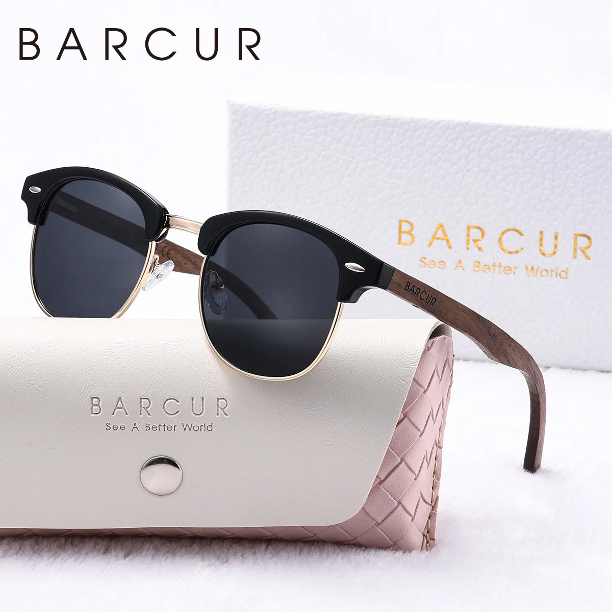 BARCUR Brand Unique eyebrows Polarized Sunglasses PC+Metal Frame Rice Nail Fashion Design Natural Walnut Foot Couple Sunglasses