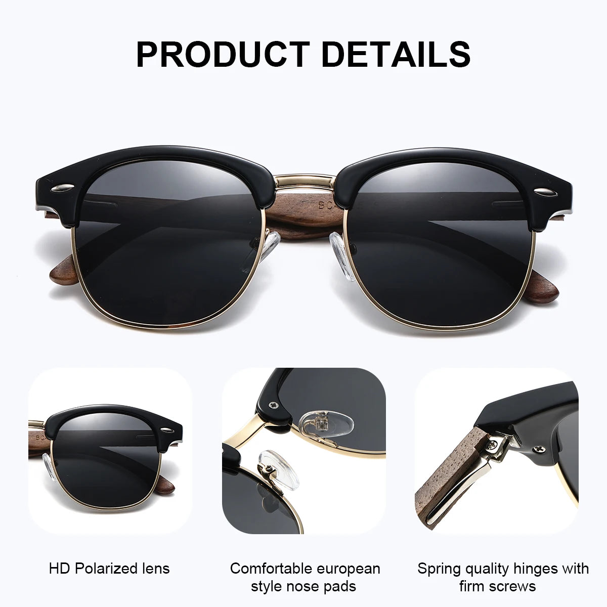 BARCUR Brand Unique eyebrows Polarized Sunglasses PC+Metal Frame Rice Nail Fashion Design Natural Walnut Foot Couple Sunglasses